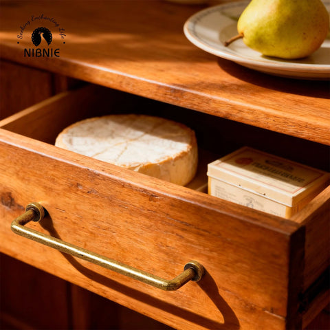 10 Pack 5 Inch Center To Center Antique Brass Kitchen Cabinet Pulls on a wooden drawer with cheese and butter.