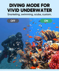 Ek7000 Pro 4K 30FPS Action Camera underwater mode comparison, showing vivid coral and diver; focus on color enhancement feature.