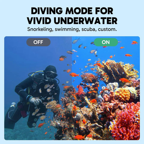 Ek7000 Pro 4K 30FPS Action Camera underwater mode comparison, showing vivid coral and diver; focus on color enhancement feature.