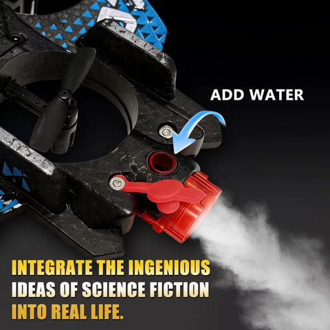 Close-up of spray effect mechanism on Remote Control RC Airplane With Spray Effect And LED Lights, black foam fighter jet.