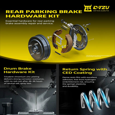 Heavy Duty Rear Parking Brake Hardware Kit For Toyota Tacoma 2005 To 2023 Fits All Engines With Rust Proof Steel Parts And 18k1776 Replacement Specs To Get Your Truck Back In Top Gun Shape. exploded drum brake hardware kit with rust-proof steel springs