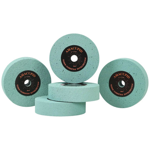Top Shelf 3 Inch Polyurethane Buffing Wheels 2000 Grit, green polishing pads stacked, 3/8 inch arbor.