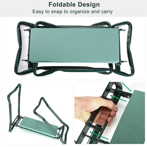 Garden Kneeler And Seat Foldable Stool With Thick EVA Foam Padding And Handy Tool Pouch shown folded and in use