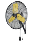 Beefed-Up Industrial 24-Inch Oscillating Wall Fan With 8900 CFM High Velocity, mounted on wall with yellow blades