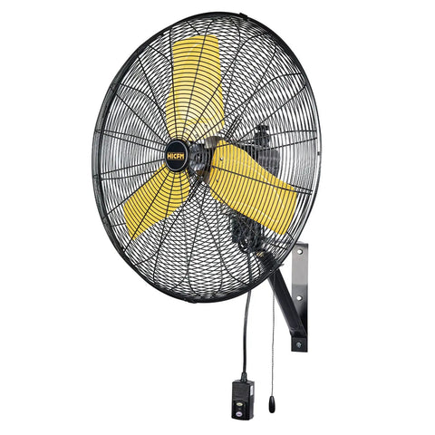 Beefed-Up Industrial 24-Inch Oscillating Wall Fan With 8900 CFM High Velocity, mounted on wall with yellow blades