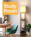 Study room with 2 Pack Rustic Brown Floor Lamp With Shelves For Living Room Corner Etagere Style Standing Organizer Tower 63 Inch Tall 9W LED Bulbs With 3 Color Temperature And Memory Function Open Top Design Nightstand And Bedroom Decor