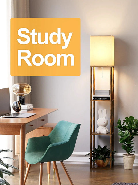 Study room with 2 Pack Rustic Brown Floor Lamp With Shelves For Living Room Corner Etagere Style Standing Organizer Tower 63 Inch Tall 9W LED Bulbs With 3 Color Temperature And Memory Function Open Top Design Nightstand And Bedroom Decor
