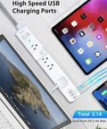 10 Ft Power Strip Surge Protector With Five Outlets And Three USB Ports connected to laptop and tablet