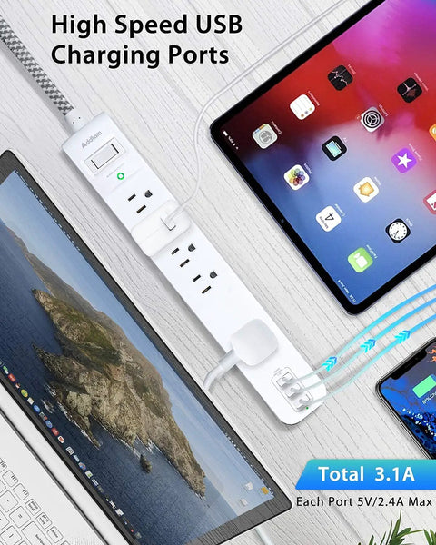 10 Ft Power Strip Surge Protector With Five Outlets And Three USB Ports connected to laptop and tablet