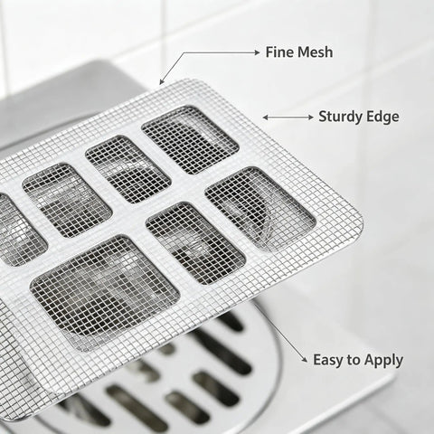 50 Pcs Disposable Shower Drain Hair Catcher 3.94" ES Square Drain with fine mesh design for effective hair trapping.