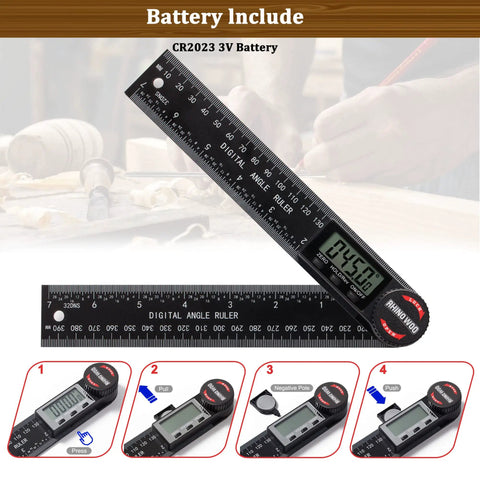 Handy Angle Finder Protractor With 7 Inch Ruler For Woodworking Carpentry And Construction DIY Friendly Readout, batteries shown