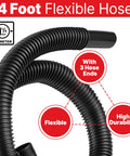 Beefy 4 Ft Vacuum Hose 1-1/4 Inch Diameter For Wet Dry Vacuums Durable Black Replacement Universal Fit High Durability
