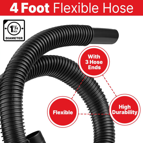 Beefy 4 Ft Vacuum Hose 1-1/4 Inch Diameter For Wet Dry Vacuums Durable Black Replacement Universal Fit High Durability
