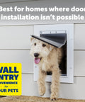 Heavy Duty Wall Entry Dog Door With Telescoping Frame Built Damn Tough Rust Proof Plastic Construction Zero Draft Insulation dog using flap