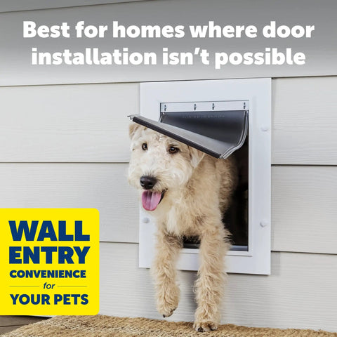 Heavy Duty Wall Entry Dog Door With Telescoping Frame Built Damn Tough Rust Proof Plastic Construction Zero Draft Insulation dog using flap