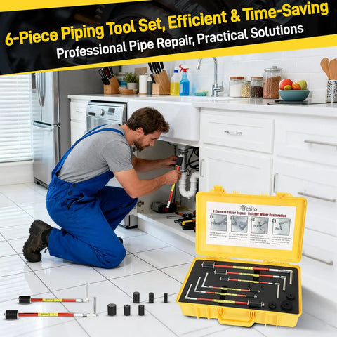 Man using All Purpose Plumbing Repair Kit 6 Piece Set With Half To Two Inch Pipe Stoppers, Spare Gaskets, Heavy Duty Case for repair