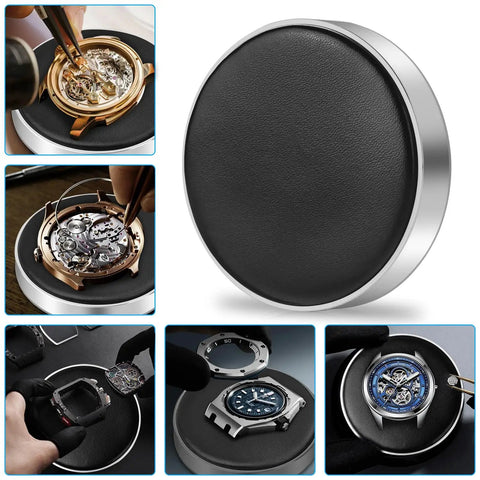 Watch Cushion Pad And Casing Protector For Repairs with non-slip PU top and groove for watchmaker use shown in various angles.