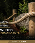 UnManila Rope 1 Inch By 50 Feet, 3 Strand Polypropylene Twisted Rope on wooden posts in a garden setting