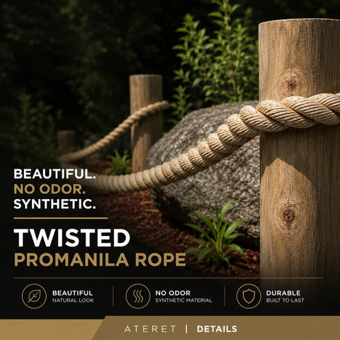 UnManila Rope 1 Inch By 100 Feet 3 Strand Polypropylene Cord wrapped around wooden posts in a garden setting