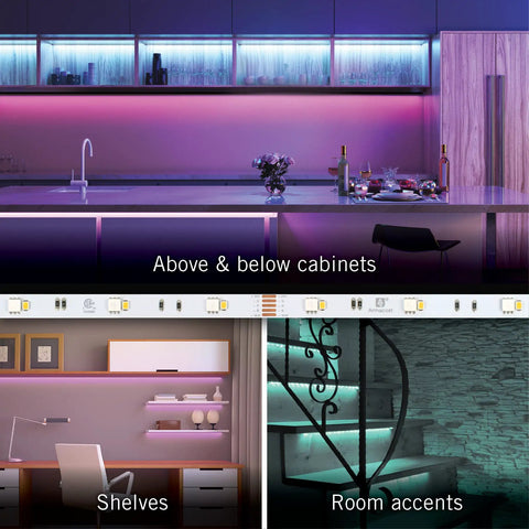 Hardwire 24V RGB Plus White LED Strip Light Kit Multicolor 16 Ft in kitchens, shelves, and room accents with 3M adhesive.