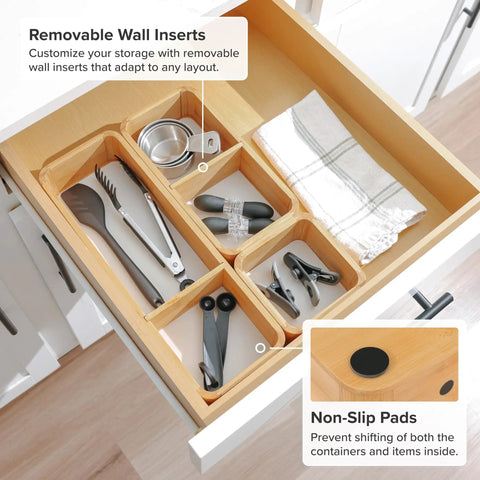 Open kitchen drawer with Modular Bamboo Drawer Organizer Set With Magnetic Containers And Removable Inserts, showing utensil storage.