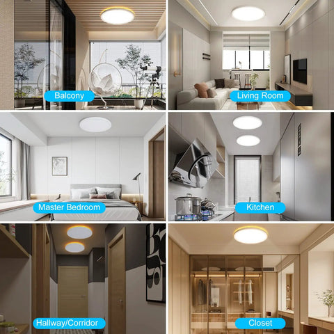 Two Pack 12 Inch LED Flush Mount Ceiling Light With Night Light installed in various home settings, 24W 3200LM Dimmable