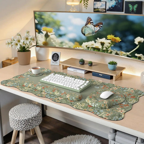 Large Desk Mat With Wrist Rest For Home Office And Gaming, Non Slip Floral Mouse Pad With Scalloped Edges, Ergonomic Keyboard Wrist Support