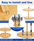 Installation steps for 360 Degree Rotating Bamboo Fishing Rod Holder Floor Stand That Holds Up To 12 Rods, showing assembly process