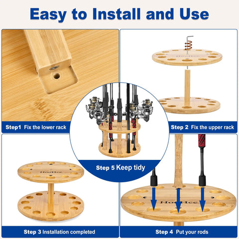 Installation steps for 360 Degree Rotating Bamboo Fishing Rod Holder Floor Stand That Holds Up To 12 Rods, showing assembly process