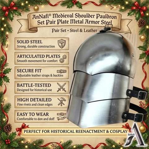 Medieval Shoulder Pauldron Set In Steel Armor For Larp Cosplay with holiday-themed background and product features list