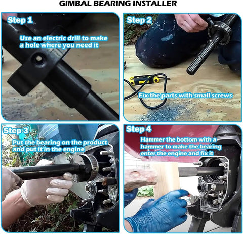 Heavy Duty Steel Gimbal Bearing Puller And Installer Set, Killer Marine Repair Kit steps for installing gimbal bearing with tools.