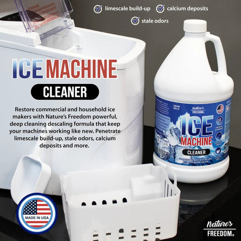 Pro Grade Ice Machine Cleaner 1 Gallon NSF Certified For Drinking Water Treatment Nickel Safe Descaler Made In USA Universal Compatibility For Commercial And Residential Ice Makers bottle beside ice maker