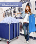 Heavy Duty Workhorse Laundry Cart With Smooth Rolling Casters Massive Linen Hopper And Rust Resistant Stainless Steel Wash Bin Absolutely Built Different For Industrial Use, blue cart with linens.