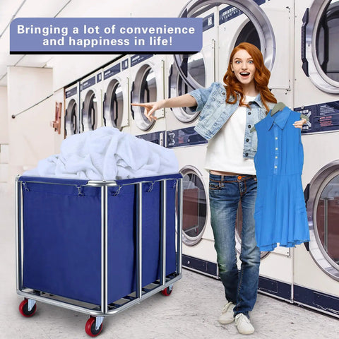 Heavy Duty Workhorse Laundry Cart With Smooth Rolling Casters Massive Linen Hopper And Rust Resistant Stainless Steel Wash Bin Absolutely Built Different For Industrial Use, blue cart with linens.