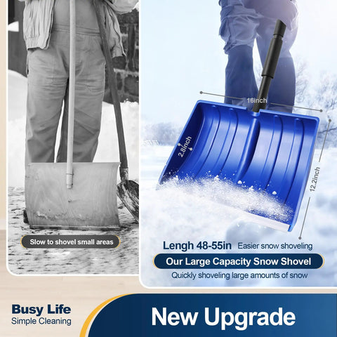 55 Inch Snow Shovel With D Grip Handle For Driveway And Garage Snow Removal The Go To Shovel For Fast Snow Clearing Wide 16 Inch Blade Aluminum Wear Strips Large Capacity For Garden Car Camping Outdoor showing blue shovel with dimensions