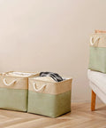 Large Cube Storage Baskets For Clothes Toys Towels Books Collapsible Canvas Bins With Cotton Handles in Green and Brown