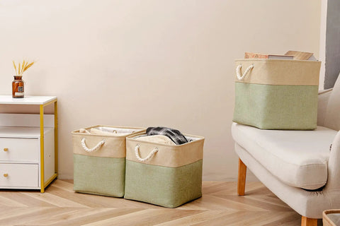 Large Cube Storage Baskets For Clothes Toys Towels Books Collapsible Canvas Bins With Cotton Handles in Green and Brown