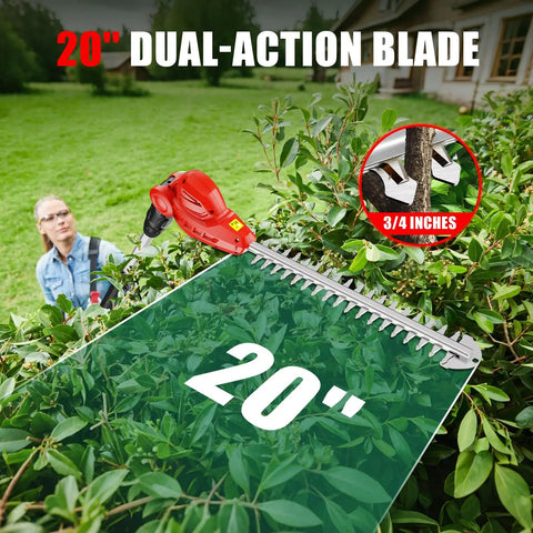 20 Inch Cordless Pole Hedge Trimmer With 14.5 Ft Reach shown trimming 3/4 inch branches with 20-inch dual-action blade in garden
