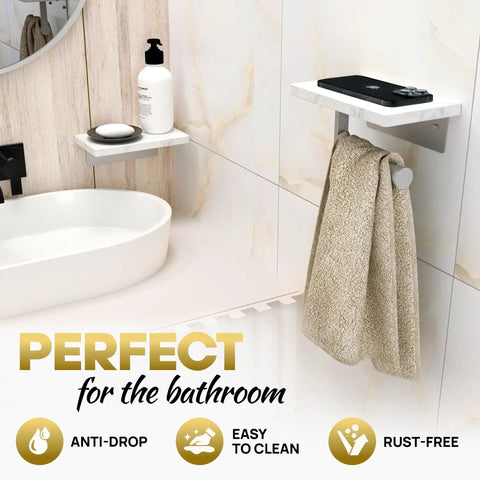 Total Game Changer, Two Shelf Wall Mounted Toilet Paper Holder With Natural Marble Top And Sleek Nickel Finish, No Sweat Screw Setup Bathroom Tissue Holder displayed in a modern bathroom.