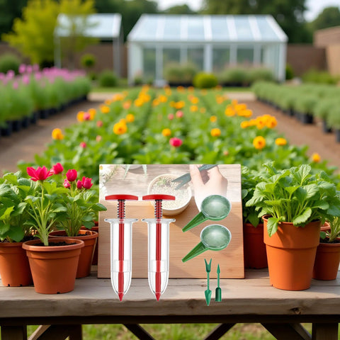 Six Piece Mini Seed Spreader Set For Tiny Seeds with handheld dispensers, dibber, and widger, displayed in a garden setting.