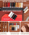 All In One Leatherworking Tool Kit With Cutting Mats Apron Stamping Engraving Punching Sewing And Sanding Tools showcasing thread colors and needles.