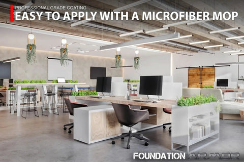 Pro Matte Concrete Floor Wax 5 Gallon Water Based Formula applied in a modern office with metal chairs and greenery.