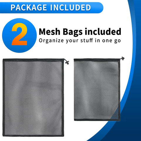 Two Pack Heavy Duty Mesh Drawstring Bags With Cord Lock Closure, 20x16 And 16x12 Inches shown side by side