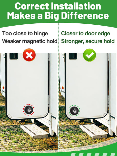 Installation of Heavy Duty Magnetic RV Door Holder for Camper And Trailer Keeps Doors Open In A Breeze showing correct placement.