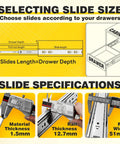Diagram and caliper measurements for One Pair Heavy Duty Drawer Slides 12 To 40 Inch Full Extension Ball Bearing Rails For Cabinets And Tool Boxes 150 Lb Load Capacity Side Mount Steel Track Runners With Smooth Glide Built Tough For Everyday Use