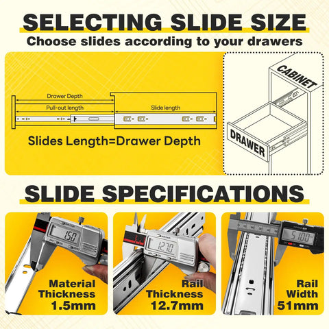 Diagram of Beefy Heavy Duty Drawer Slides 12 To 40 Inch Full Extension, showing size selection and specifications.