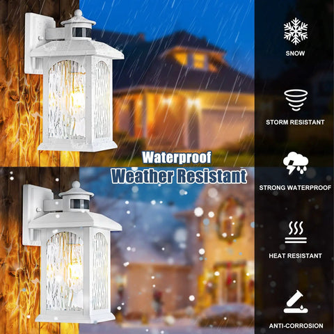 Motion Sensor Outdoor Wall Sconce With Dusk To Dawn Lighting, Waterproof Exterior Light Fixture in snow and rain demonstration