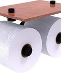 Dottingham Collection 2 Roll Wood Shelf Toilet Paper Holder in Matte Black Solid Brass Construction With Hardwood Shelf