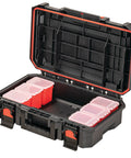 Open TradeStack System Tool Box With Water Resistant Construction 21 Inch Heavy Duty Storage Case showing six small parts containers inside