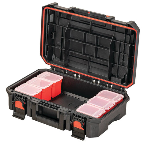 Open TradeStack System Tool Box With Water Resistant Construction 21 Inch Heavy Duty Storage Case showing six small parts containers inside